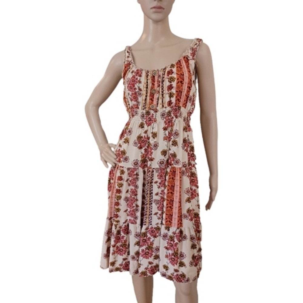 LAPIS Anthropologie Floral Orange Cream Summer Sun Boho Bohemian A-line Dress